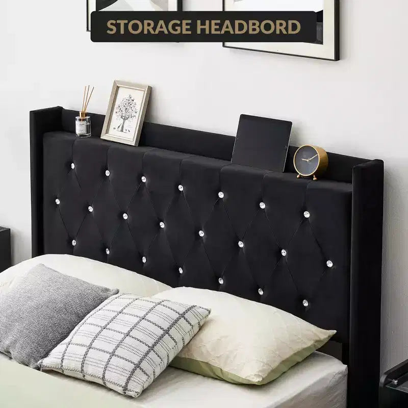 Floating Bed Frame, Modern Platform Bed Frame, Wood Slats Support, Upholstered Headboard, No Box Spring Needed, Black