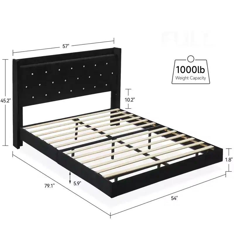 Floating Bed Frame, Modern Platform Bed Frame, Wood Slats Support, Upholstered Headboard, No Box Spring Needed, Black