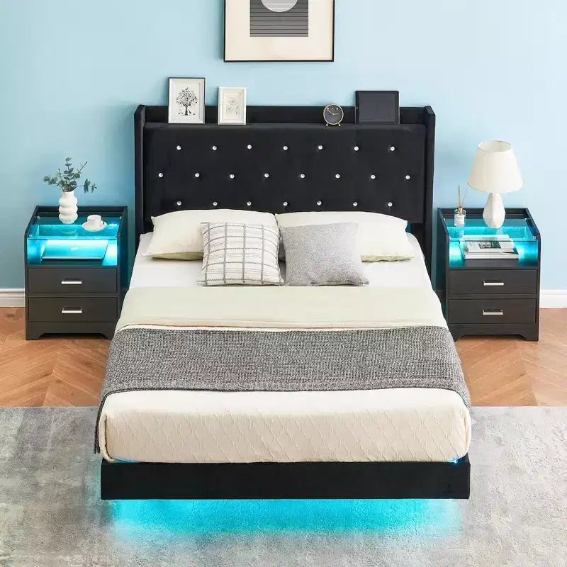 Floating Bed Frame, Modern Platform Bed Frame, Wood Slats Support, Upholstered Headboard, No Box Spring Needed, Black