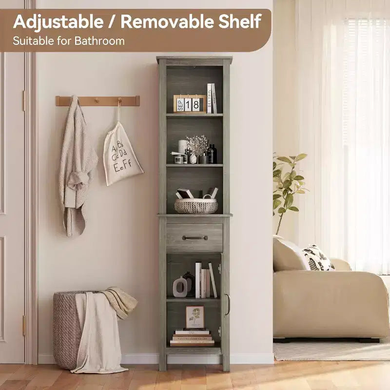 Narrow Storage Cabinet, Tall Bathroom Cabinet with Door and Drawer,Farmhouse Storage Cabinets for Bathrooms,Grey