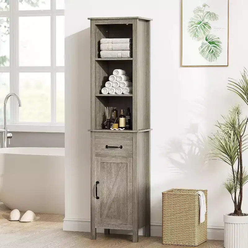 Armadietto salvaspazio, mobiletto alto da bagno con anta e cassetto, armadietto da bagno in stile rustico, grigio