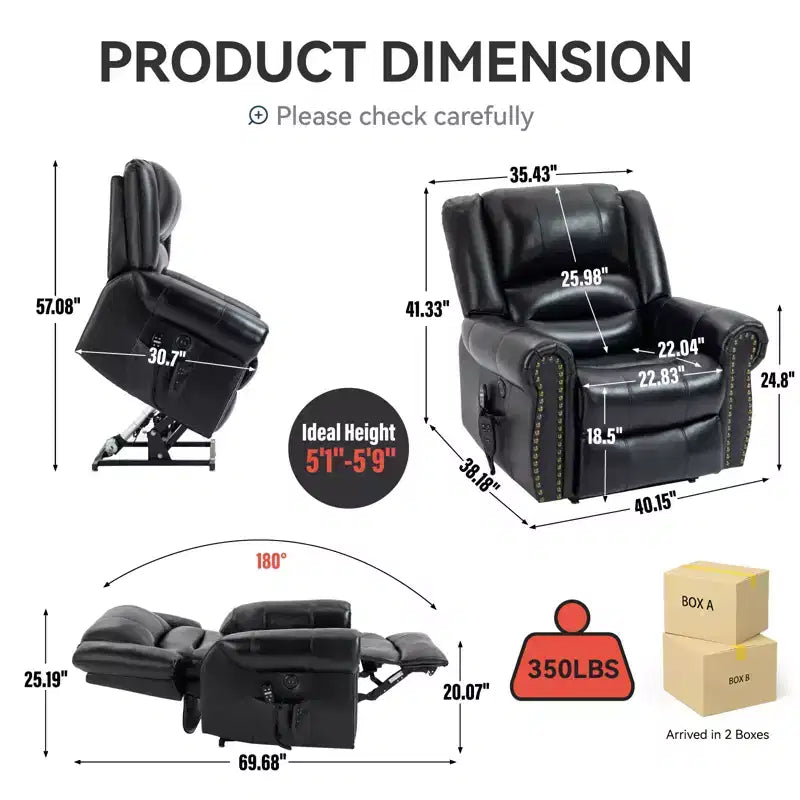 CLIHOME Power Lift Recliner Chair Heat Massage Dual Motor Infinite Position, Genuine Leather, Heavy Duty Motion Mechanism with USB Ports