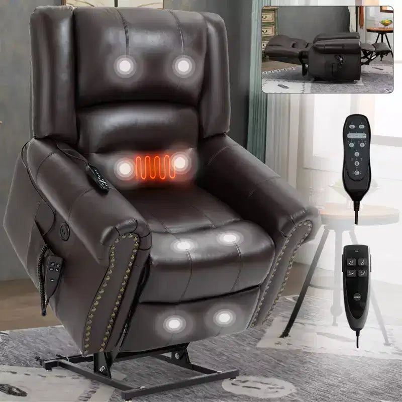 CLIHOME Power Lift Recliner Chair Heat Massage Dual Motor Infinite Position, Genuine Leather, Heavy Duty Motion Mechanism with USB Ports