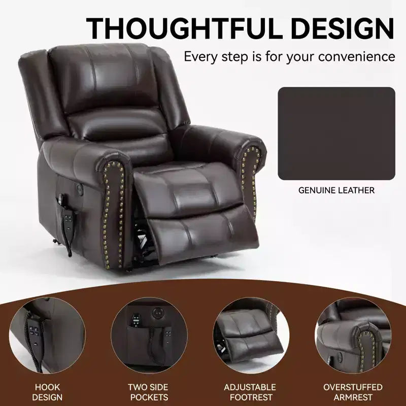 CLIHOME Power Lift Recliner Chair Heat Massage Dual Motor Infinite Position, Genuine Leather, Heavy Duty Motion Mechanism with USB Ports