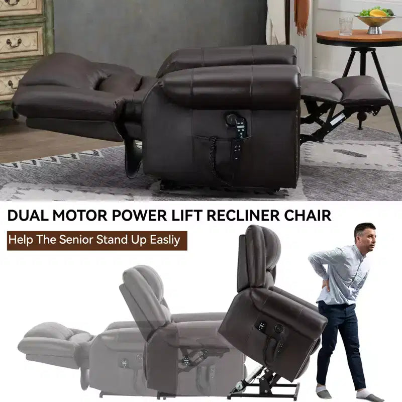 CLIHOME Power Lift Recliner Chair Heat Massage Dual Motor Infinite Position, Genuine Leather, Heavy Duty Motion Mechanism with USB Ports