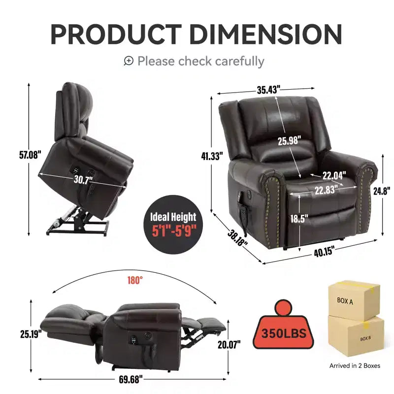 CLIHOME Power Lift Recliner Chair Heat Massage Dual Motor Infinite Position, Genuine Leather, Heavy Duty Motion Mechanism with USB Ports