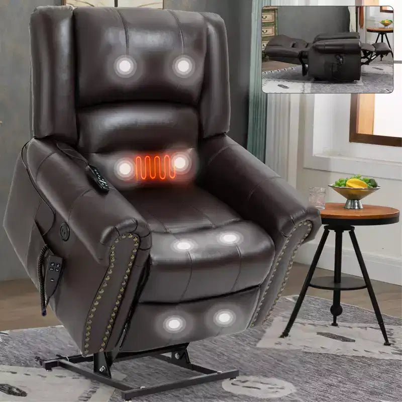 CLIHOME Power Lift Recliner Chair Heat Massage Dual Motor Infinite Position, Genuine Leather, Heavy Duty Motion Mechanism with USB Ports