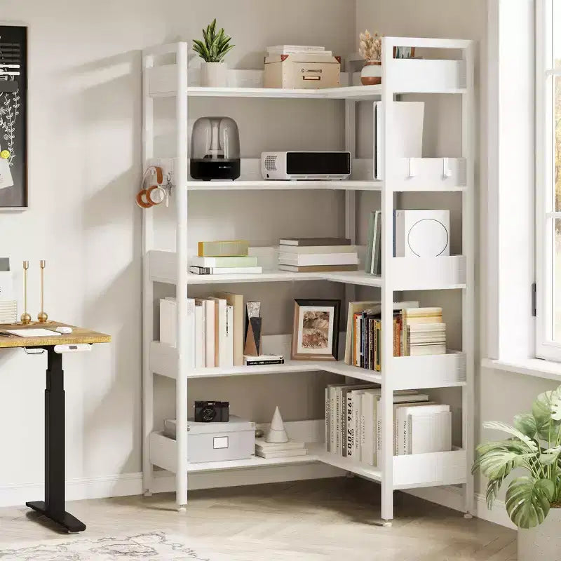 GustoWave 65.8in L Shaped Storage Display Shelf, 5 Tier Convertible Corner Book ShelfStorage Display ShelfBlack/White