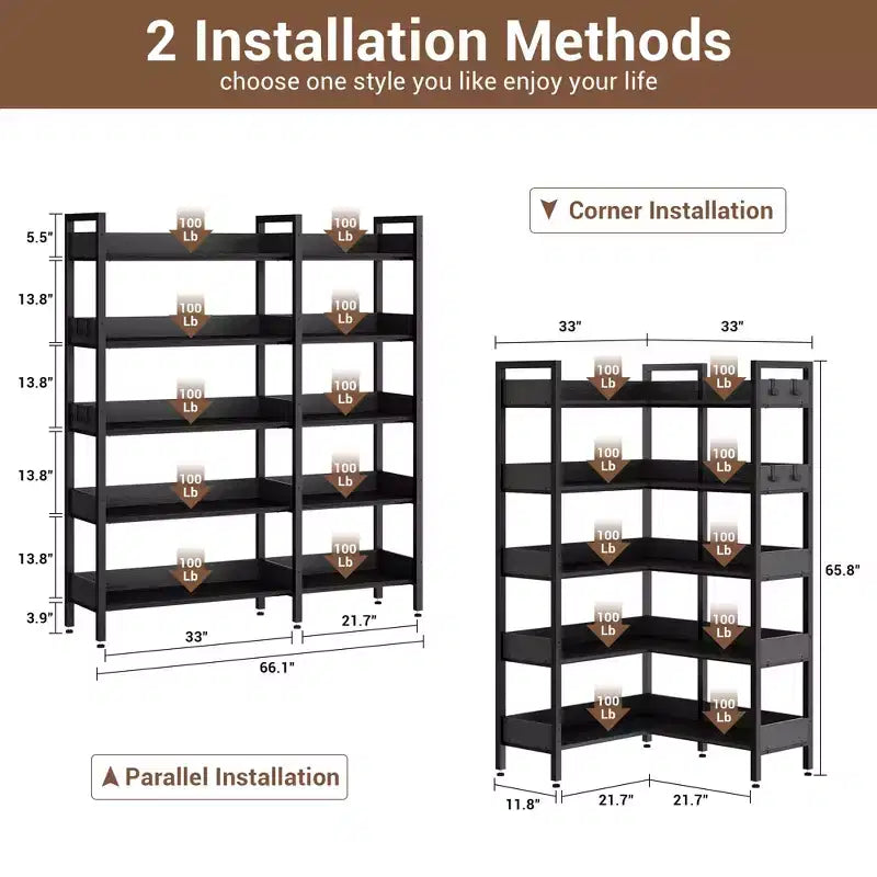 GustoWave 65.8in L Shaped Storage Display Shelf, 5 Tier Convertible Corner Book ShelfStorage Display ShelfBlack/White