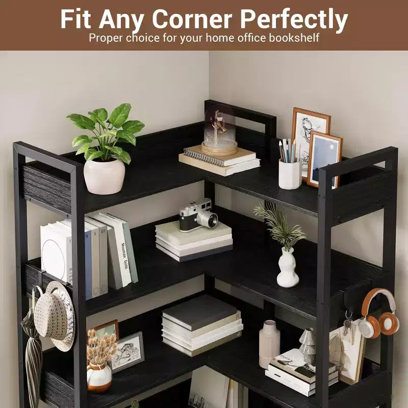 GustoWave 65.8in L Shaped Storage Display Shelf, 5 Tier Convertible Corner Book ShelfStorage Display ShelfBlack/White
