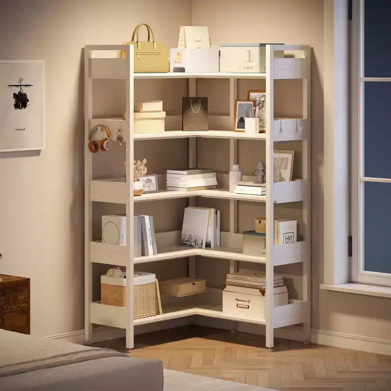 GustoWave 65.8in L Shaped Storage Display Shelf, 5 Tier Convertible Corner Book ShelfStorage Display ShelfBlack/White