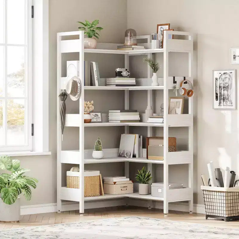 GustoWave 65.8in L Shaped Storage Display Shelf, 5 Tier Convertible Corner Book ShelfStorage Display ShelfBlack/White