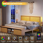 GustoWave Natural Rattan Bed Frame, with Sliding Barn Door Storage Cabinets