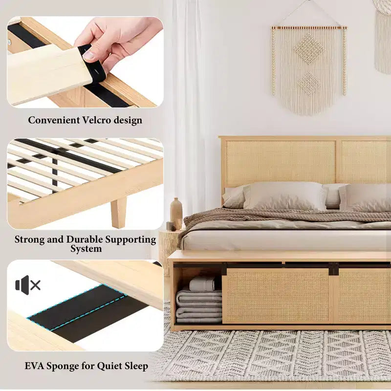 GustoWave Natural Rattan Bed Frame, with Sliding Barn Door Storage Cabinets