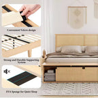 GustoWave Natural Rattan Bed Frame, with Sliding Barn Door Storage Cabinets