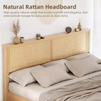 GustoWave Natural Rattan Bed Frame, with Sliding Barn Door Storage Cabinets