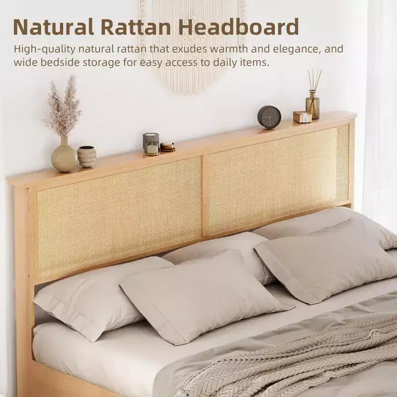 GustoWave Natural Rattan Bed Frame, with Sliding Barn Door Storage Cabinets