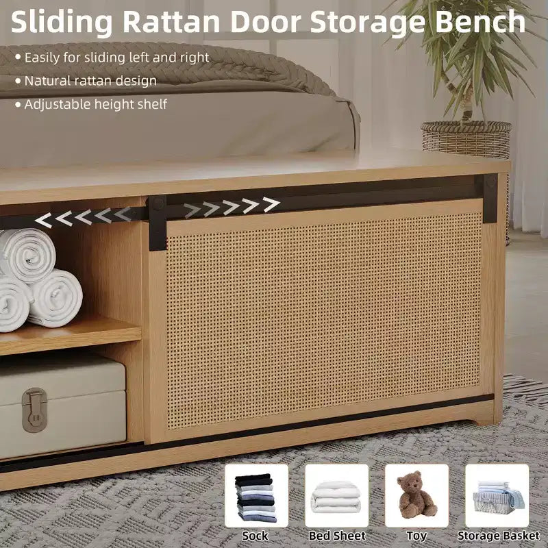 GustoWave Natural Rattan Bed Frame, with Sliding Barn Door Storage Cabinets