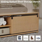 GustoWave Natural Rattan Bed Frame, with Sliding Barn Door Storage Cabinets