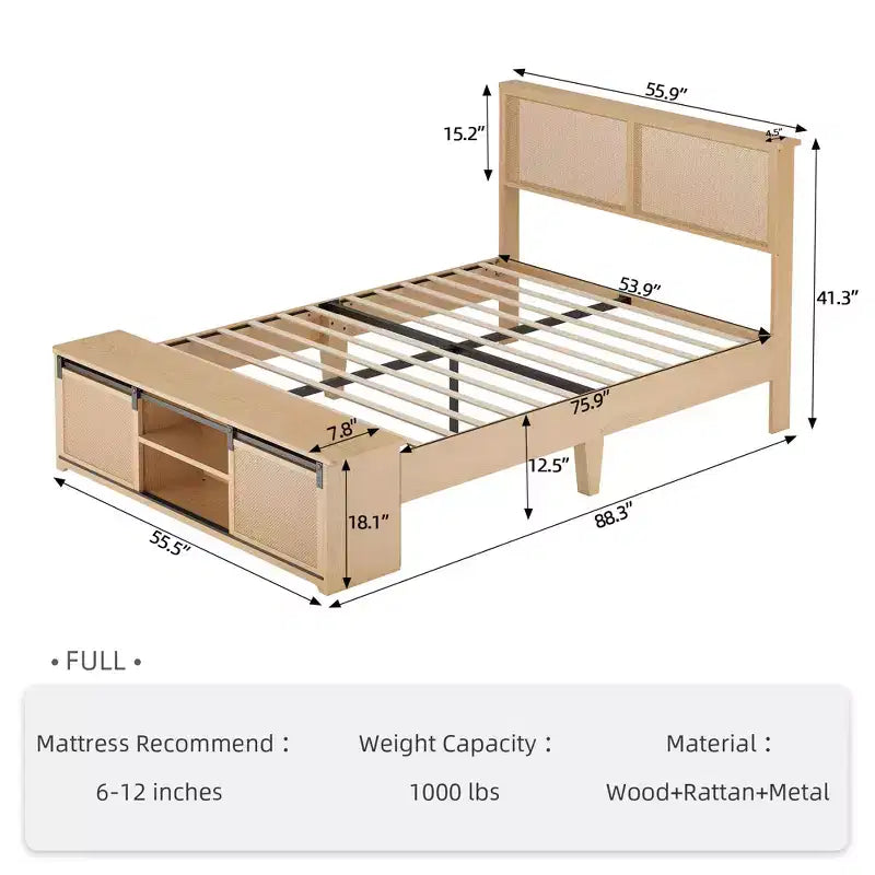 GustoWave Natural Rattan Bed Frame, with Sliding Barn Door Storage Cabinets