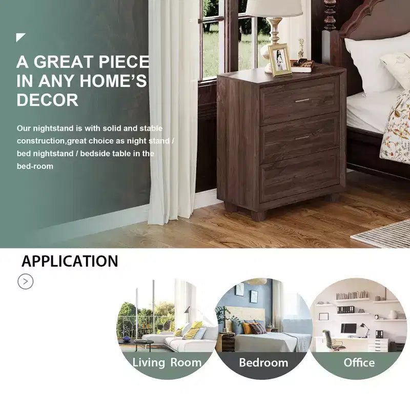 Famapy Large - Capacity 3 - Drawer Nightstand Vintage Wood Bedside Table Side Cabinet