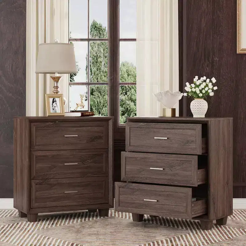 Famapy Large - Capacity 3 - Drawer Nightstand Vintage Wood Bedside Table Side Cabinet