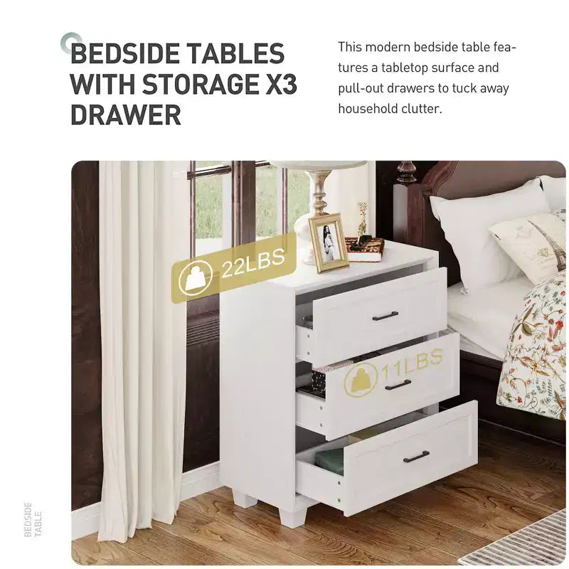 Famapy Large - Capacity 3 - Drawer Nightstand Vintage Wood Bedside Table Side Cabinet
