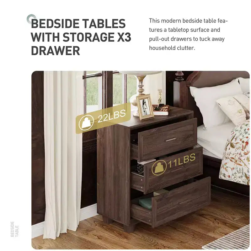 Famapy Large - Capacity 3 - Drawer Nightstand Vintage Wood Bedside Table Side Cabinet