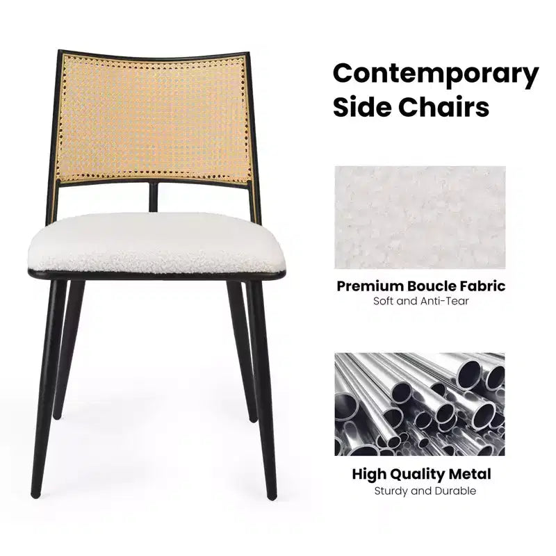 PexFix 2Pcs Dining Chairs Mid-Century Modern Kitchen Chairs with Rattan Backrest & Metal Frame Boucle Upholstered Accent Chairs White