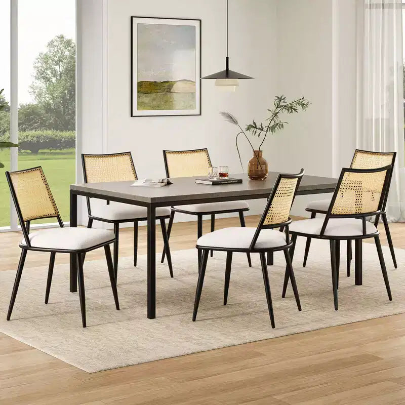 PexFix 2Pcs Dining Chairs Mid-Century Modern Kitchen Chairs with Rattan Backrest & Metal Frame Boucle Upholstered Accent Chairs White