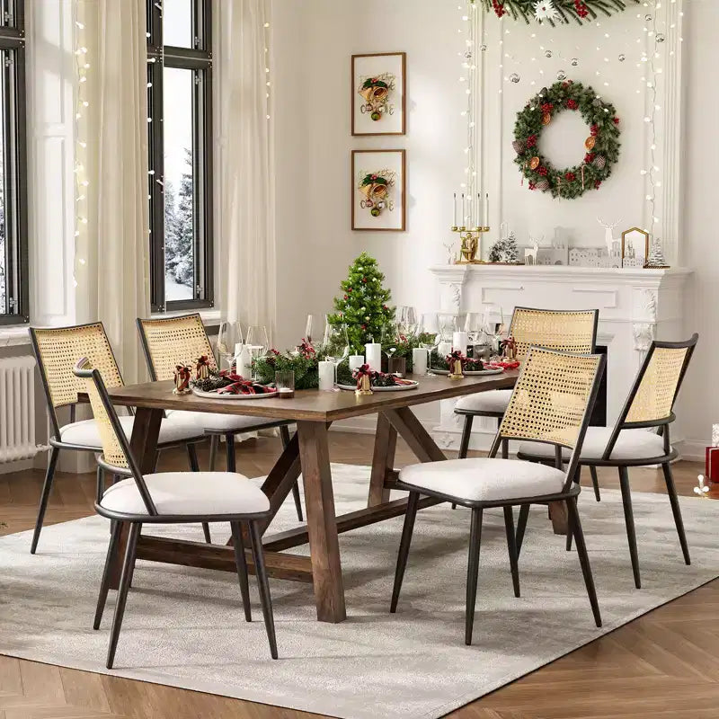 PexFix 2Pcs Dining Chairs Mid-Century Modern Kitchen Chairs with Rattan Backrest & Metal Frame Boucle Upholstered Accent Chairs White