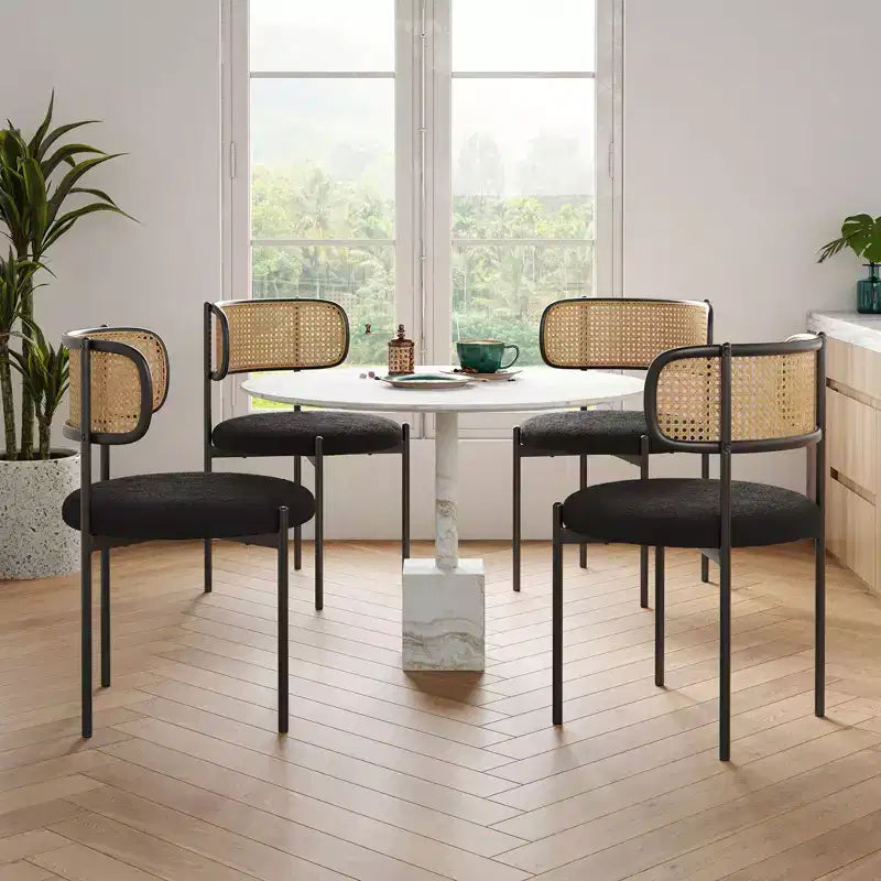 PexFix 2Pcs Modern Upholstered Dining Chairs Rattan Back Dining Room Chairs Accent Kitchen Chairs with Metal Legs Black