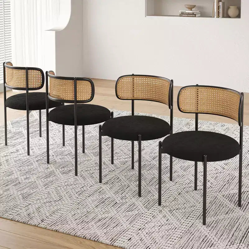 PexFix 2Pcs Modern Upholstered Dining Chairs Rattan Back Dining Room Chairs Accent Kitchen Chairs with Metal Legs Black