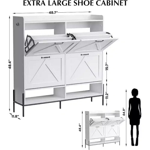 48.4 White Shoe Cabinet with 4 Flip Drawers, Large Capacity Entryway Storage with Metal Legs, Anti-Tip Modern Shoe Organizer
