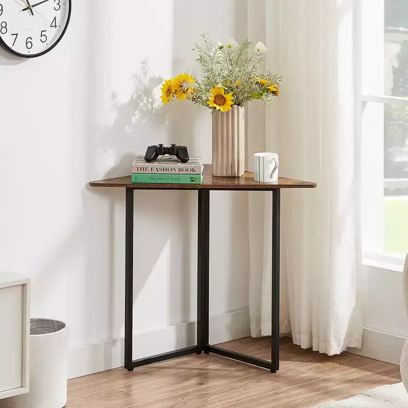 VECELO Corner Shelf, Triangle Shelves End/Side Table with Metal Frame for Living Room, Small Space, Brown/Gray