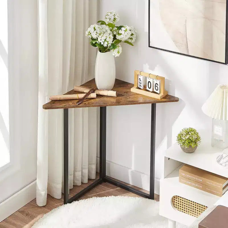 VECELO Corner Shelf, Triangle Shelves End/Side Table with Metal Frame for Living Room, Small Space, Brown/Gray