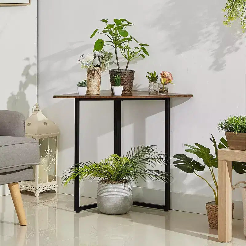 VECELO Corner Shelf, Triangle Shelves End/Side Table with Metal Frame for Living Room, Small Space, Brown/Gray