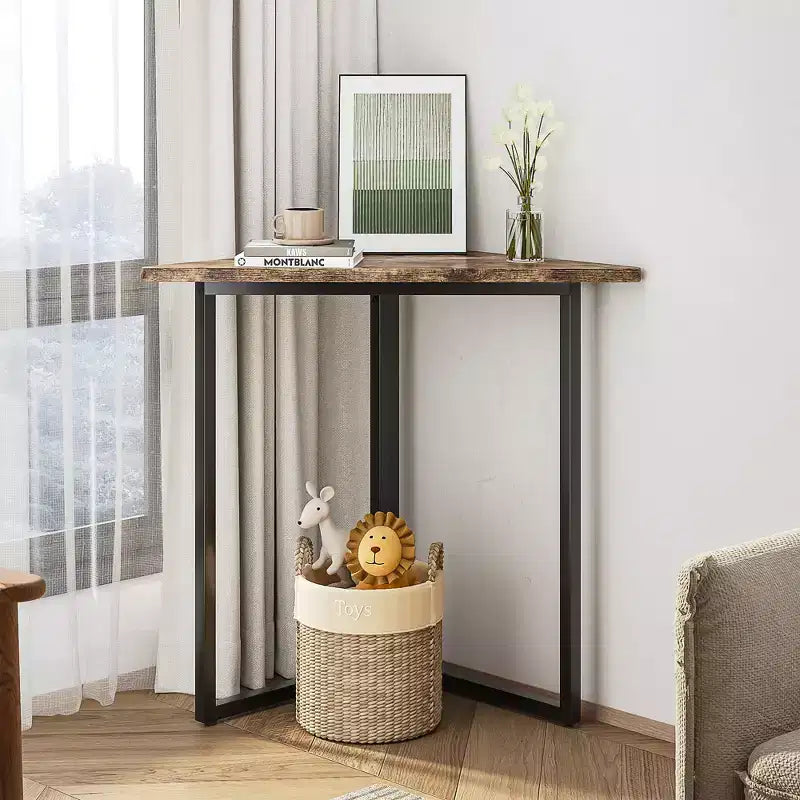 VECELO Corner Shelf, Triangle Shelves End/Side Table with Metal Frame for Living Room, Small Space, Brown/Gray