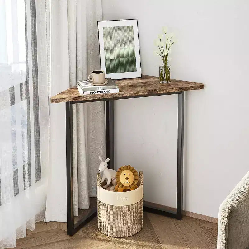 VECELO Corner Shelf, Triangle Shelves End/Side Table with Metal Frame for Living Room, Small Space, Brown/Gray