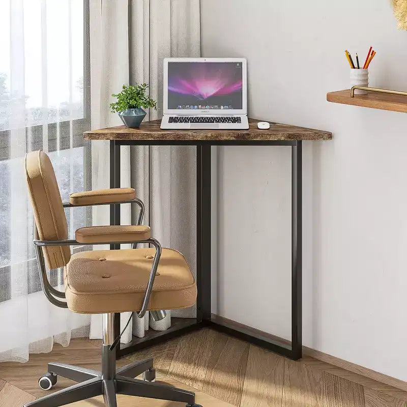 VECELO Corner Shelf, Triangle Shelves End/Side Table with Metal Frame for Living Room, Small Space, Brown/Gray