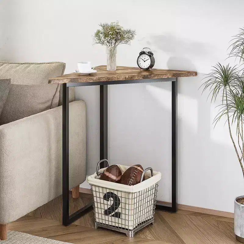 VECELO Corner Shelf, Triangle Shelves End/Side Table with Metal Frame for Living Room, Small Space, Brown/Gray
