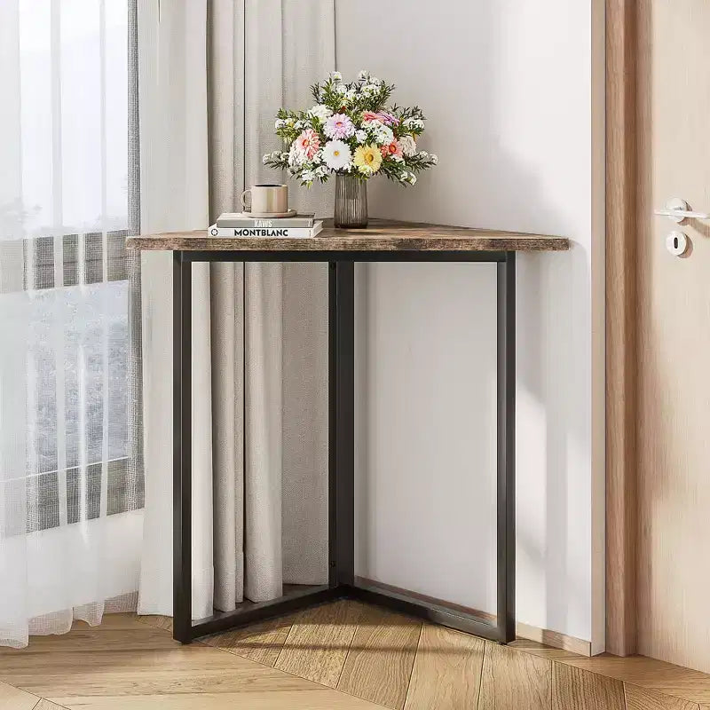 VECELO Corner Shelf, Triangle Shelves End/Side Table with Metal Frame for Living Room, Small Space, Brown/Gray