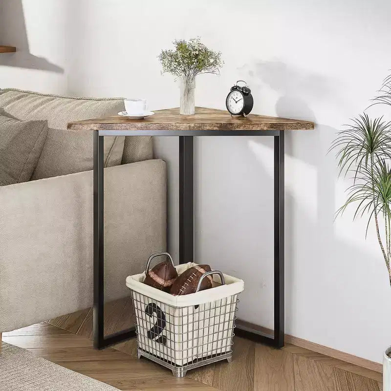VECELO Corner Shelf, Triangle Shelves End/Side Table with Metal Frame for Living Room, Small Space, Brown/Gray