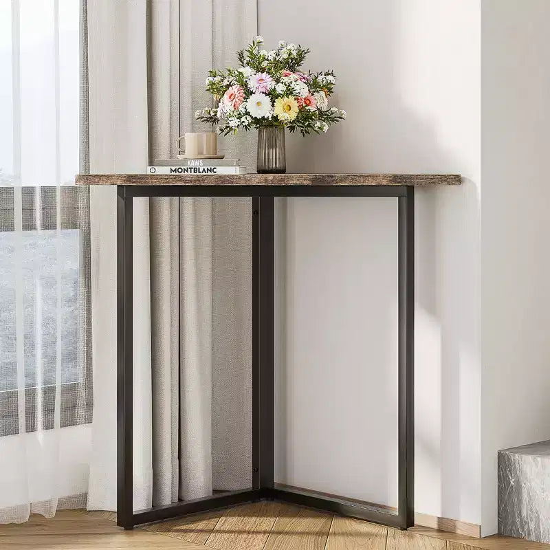 VECELO Corner Shelf, Triangle Shelves End/Side Table with Metal Frame for Living Room, Small Space, Brown/Gray