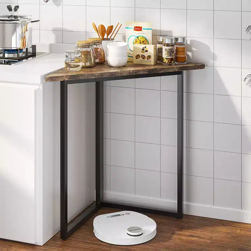 VECELO Corner Shelf, Triangle Shelves End/Side Table with Metal Frame for Living Room, Small Space, Brown/Gray