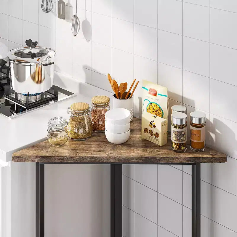 VECELO Corner Shelf, Triangle Shelves End/Side Table with Metal Frame for Living Room, Small Space, Brown/Gray