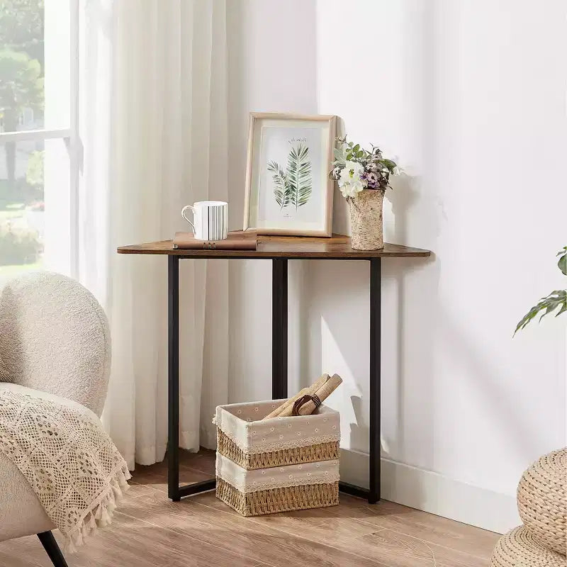 VECELO Corner Shelf, Triangle Shelves End/Side Table with Metal Frame for Living Room, Small Space, Brown/Gray