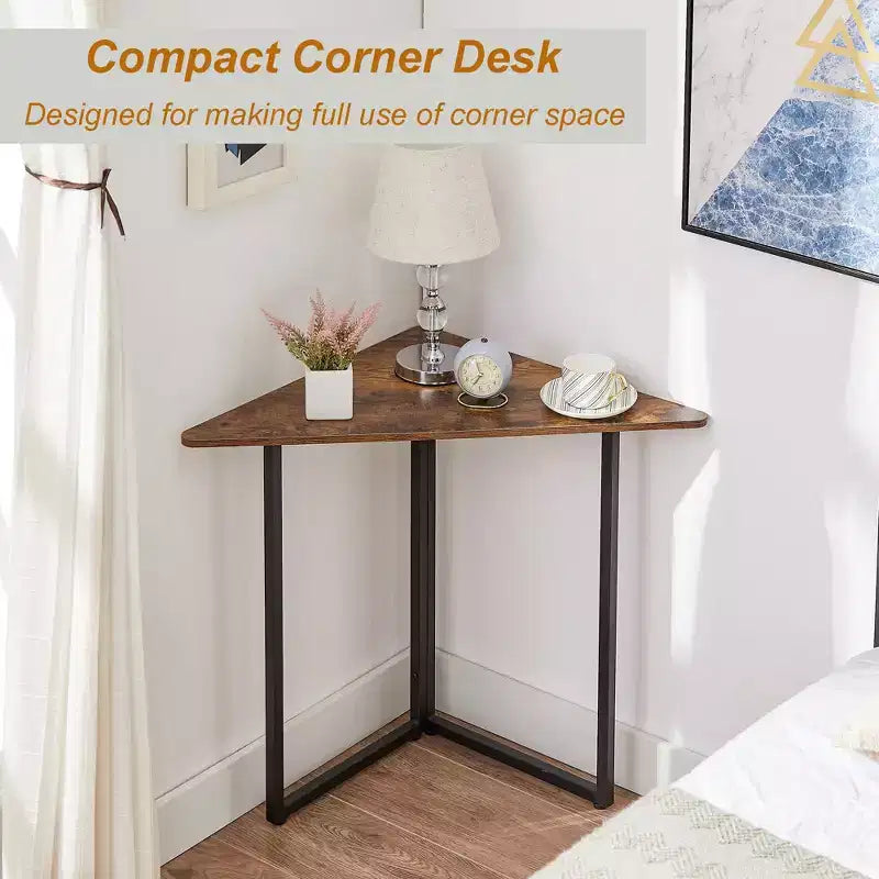 VECELO Corner Shelf, Triangle Shelves End/Side Table with Metal Frame for Living Room, Small Space, Brown/Gray