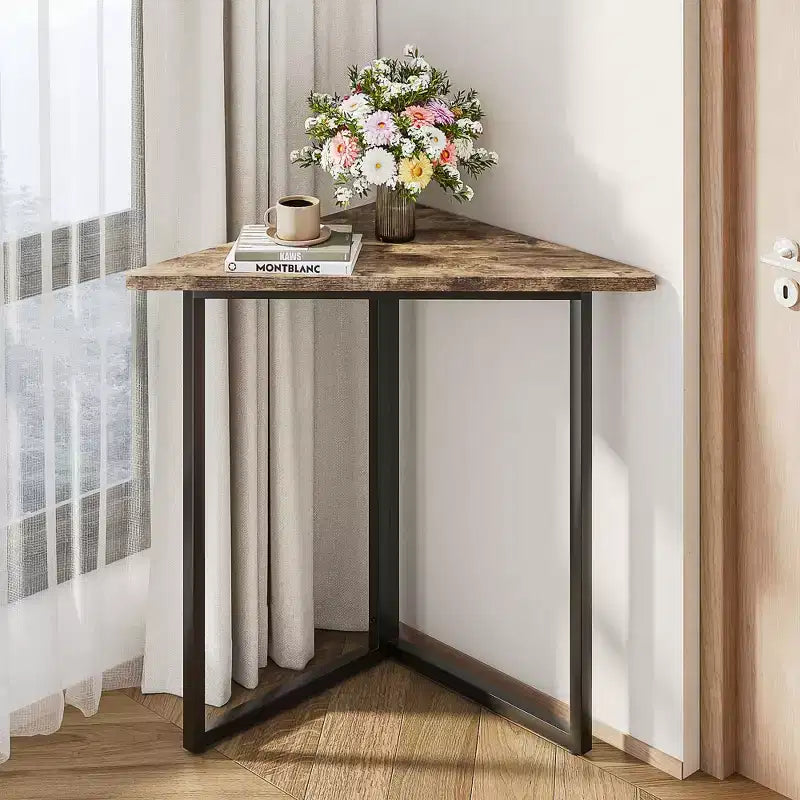 VECELO Corner Shelf, Triangle Shelves End/Side Table with Metal Frame for Living Room, Small Space, Brown/Gray
