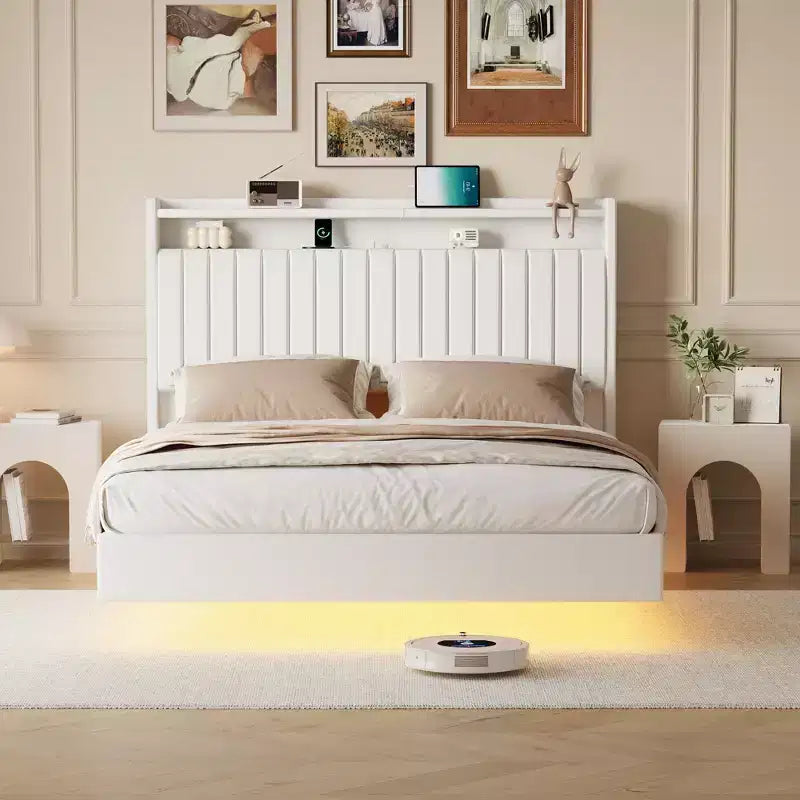 GustoWave Floating Bed Frame, with LED Lights & Charging Station